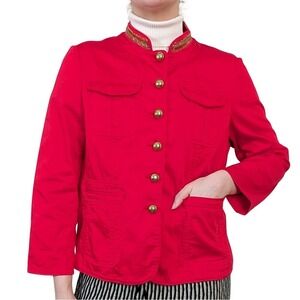 Vintage 90s Red Beaded Collar Napoleon Button Military Style Jacket